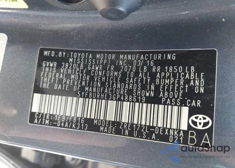 2016 Toyota Corolla Le from USA, damaged, VIN 5YFBURHE3GP488619